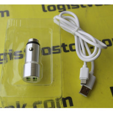 Зарядное устройство в прикуриватель (2 USB + кабель Type-C, серебрянный), WALKER, 54026